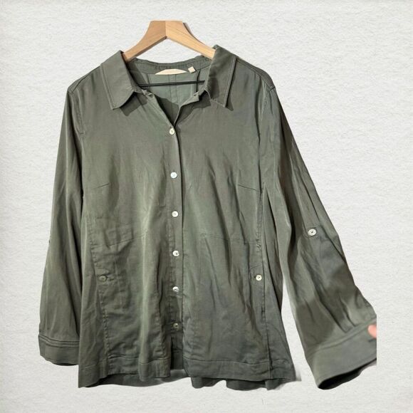 Soft Surroundings Green Tencel Cotton blend Roll Tab Sleeves Button Down Top XL - Picture 2 of 10